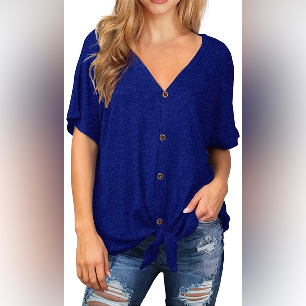 Royal blue waffle knit tie front shirt